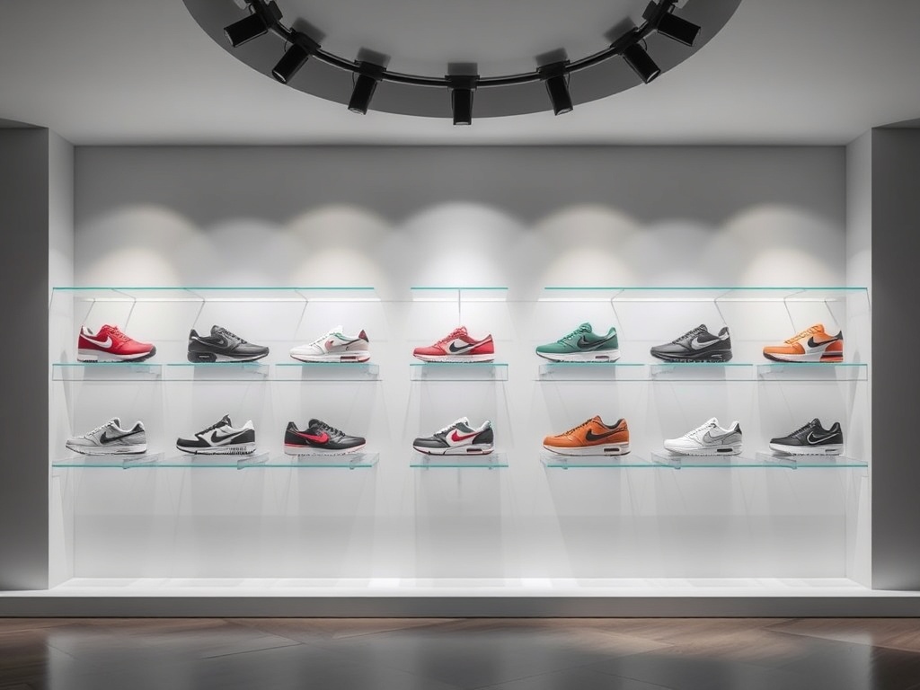 a minimalist sneaker display wall with rotating spotlight lighting, premium sneakers arranged like an art gallery