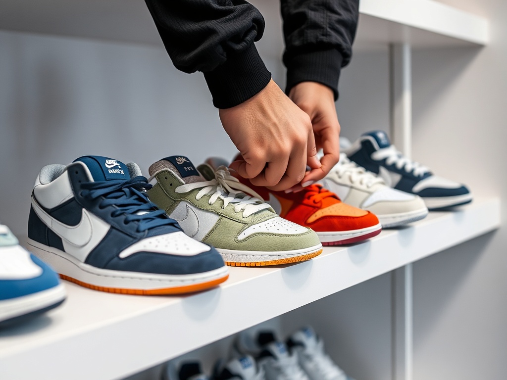 close-up of hands swapping sneakers on a clean shelf, different colorways being rotated in a modern setup