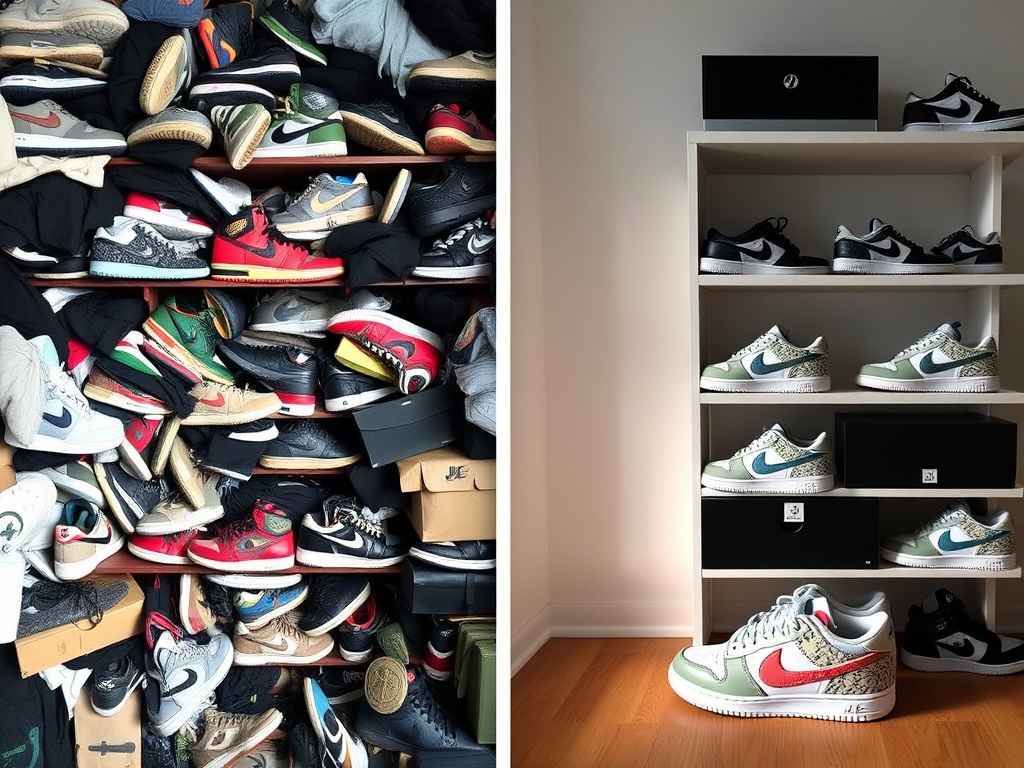 overcrowded messy sneaker shelf versus clean minimal curated sneaker display side by side comparison