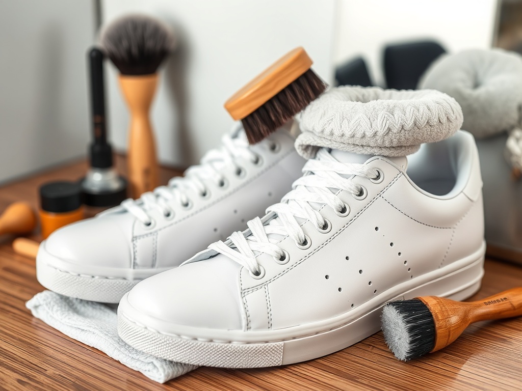 premium sneaker cleaning setup with brushes, microfiber cloth, and pristine white sneakers being detailed
