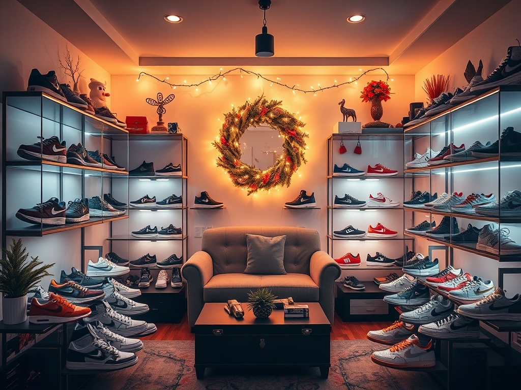 stylish sneaker collector room with seasonal themed display, warm lighting, and carefully arranged rare sneakers