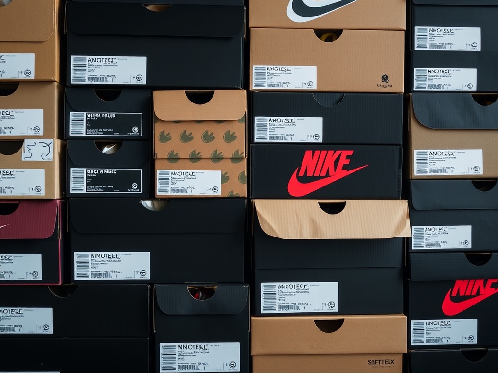 close-up of multiple sneaker boxes stacked with labels, some premium, some generic, contrast between hype and ordinary