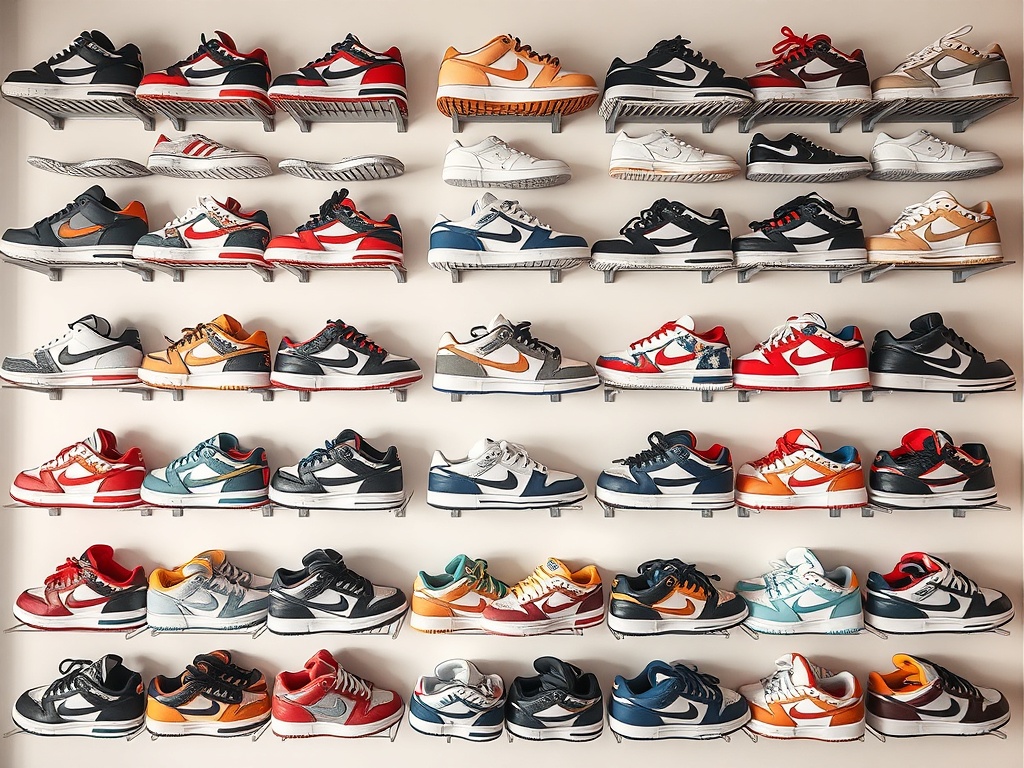 curated sneaker wall organized by color or theme, visually cohesive and aesthetic