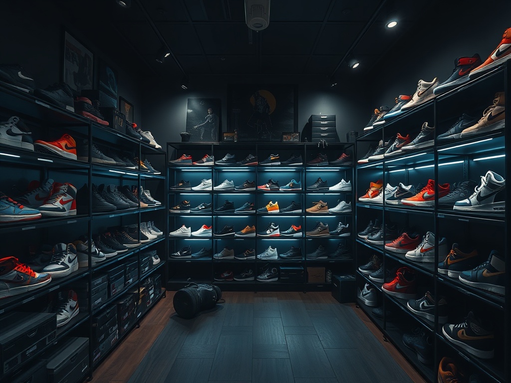 dimly lit sneaker room with rare sneakers on shelves, moody lighting, high-end collector vibe