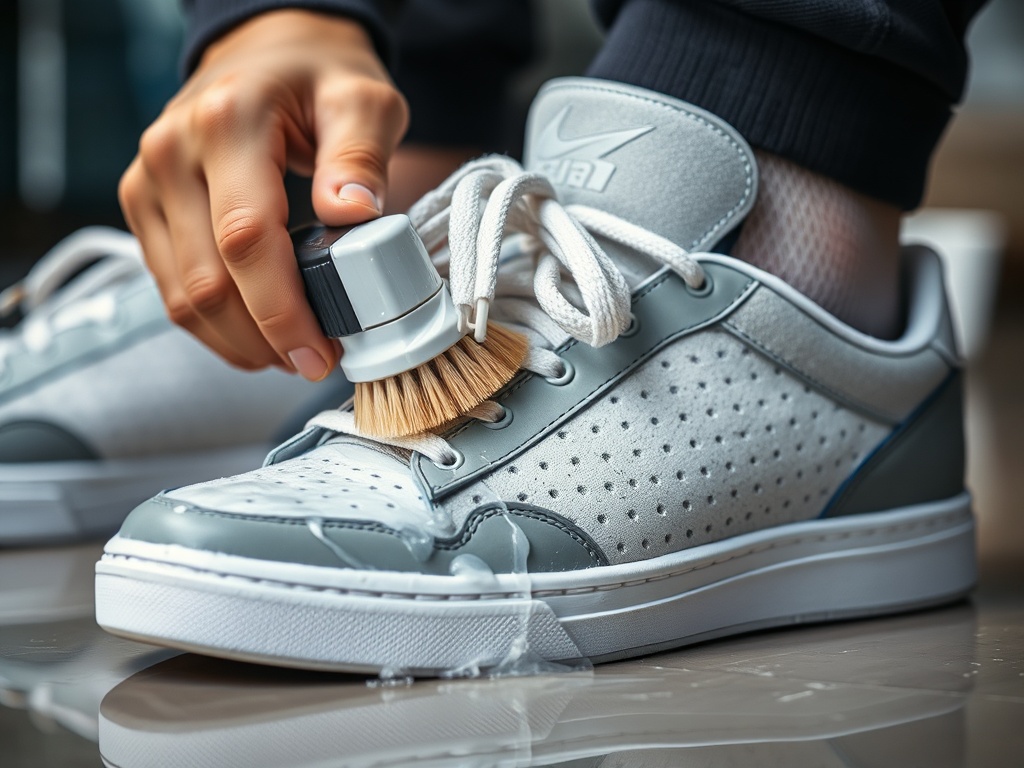 person carefully cleaning sneakers with brush and solution, detailed close-up, premium care vibe