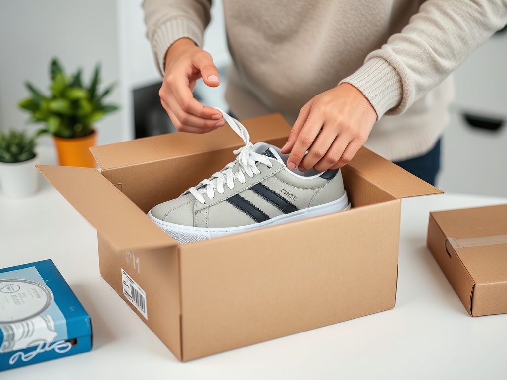 person packing sneakers carefully into shipping box for resale, clean minimal workspace