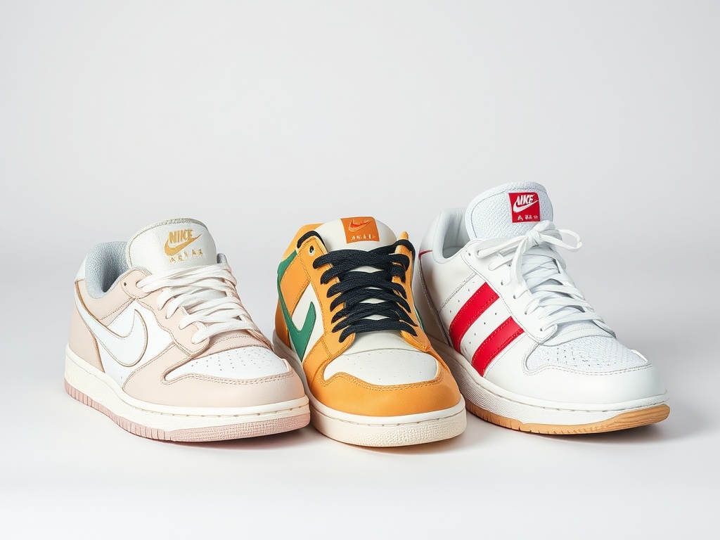 three sneakers side by side representing cultural icon, rare limited pair, and everyday wearable sneaker, clean studio shot