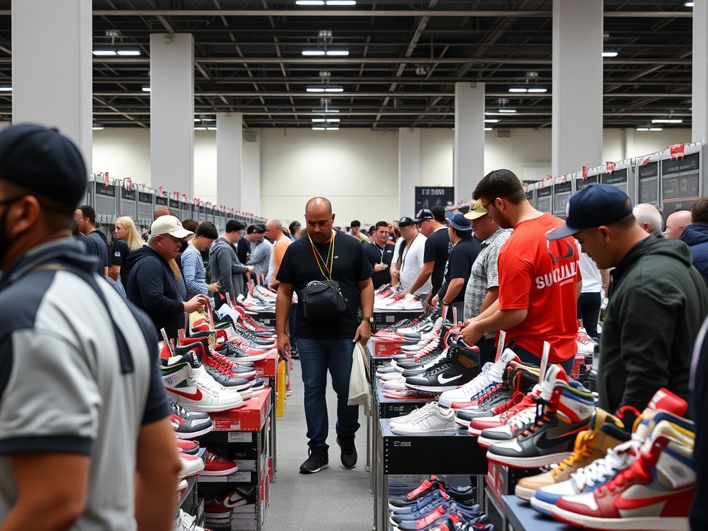A bustling sneaker convention with collectors browsing shoes
