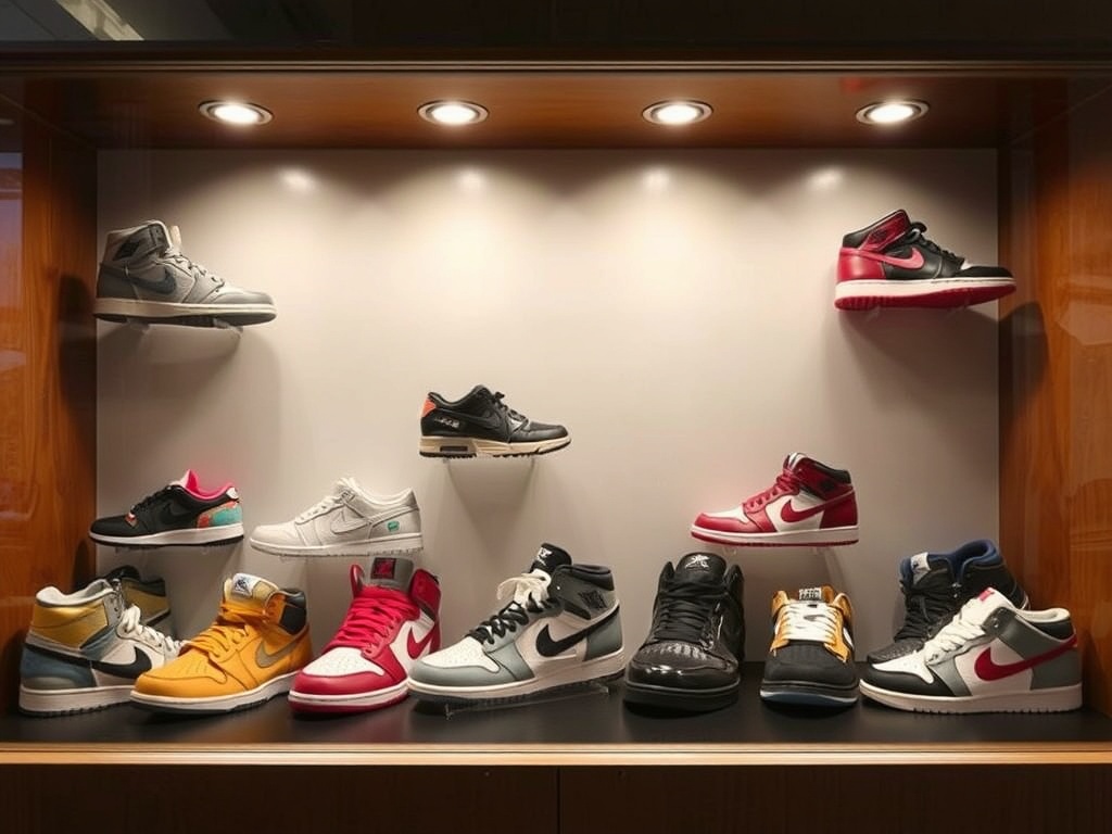 A collection of rare sneakers arranged in a display case