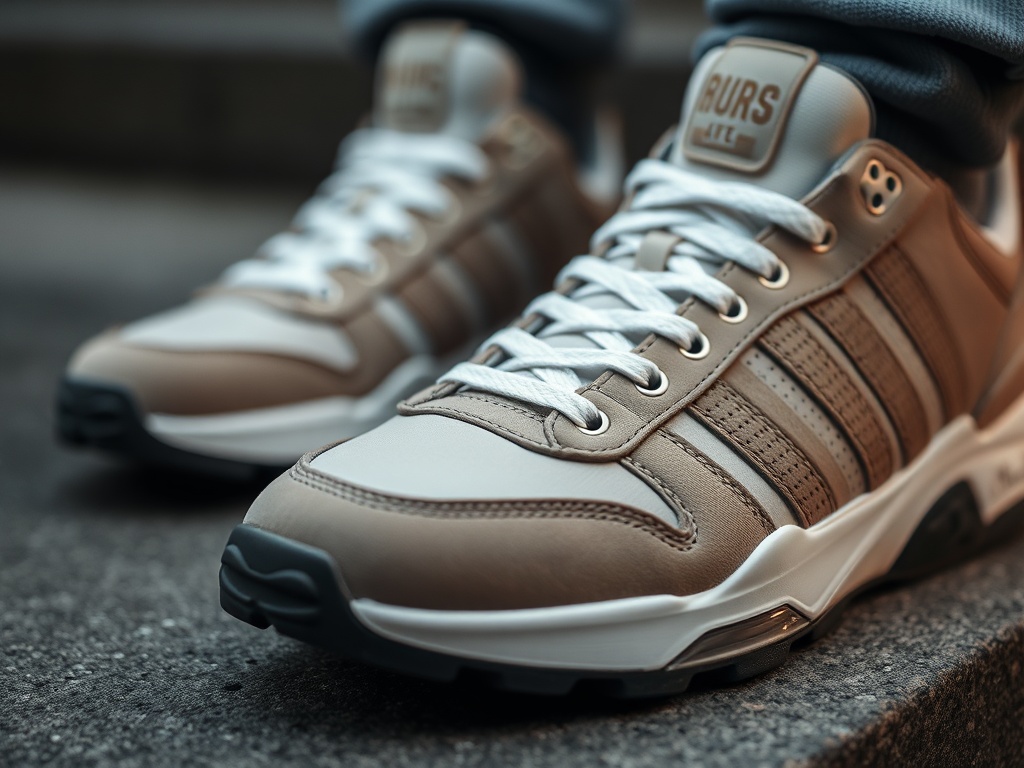 A high-end sneaker with detailed close-ups of its premium materials and design