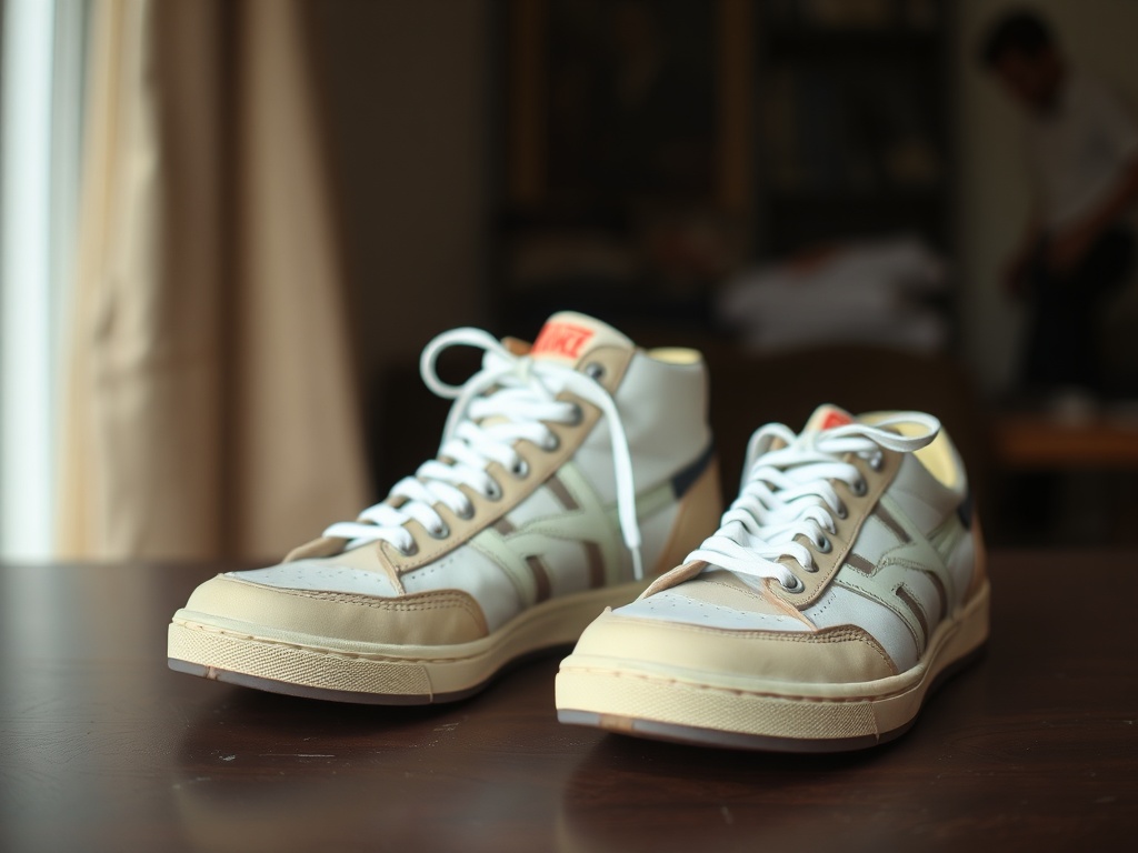 A pair of vintage sneakers with a story behind them, displayed in a well-lit room