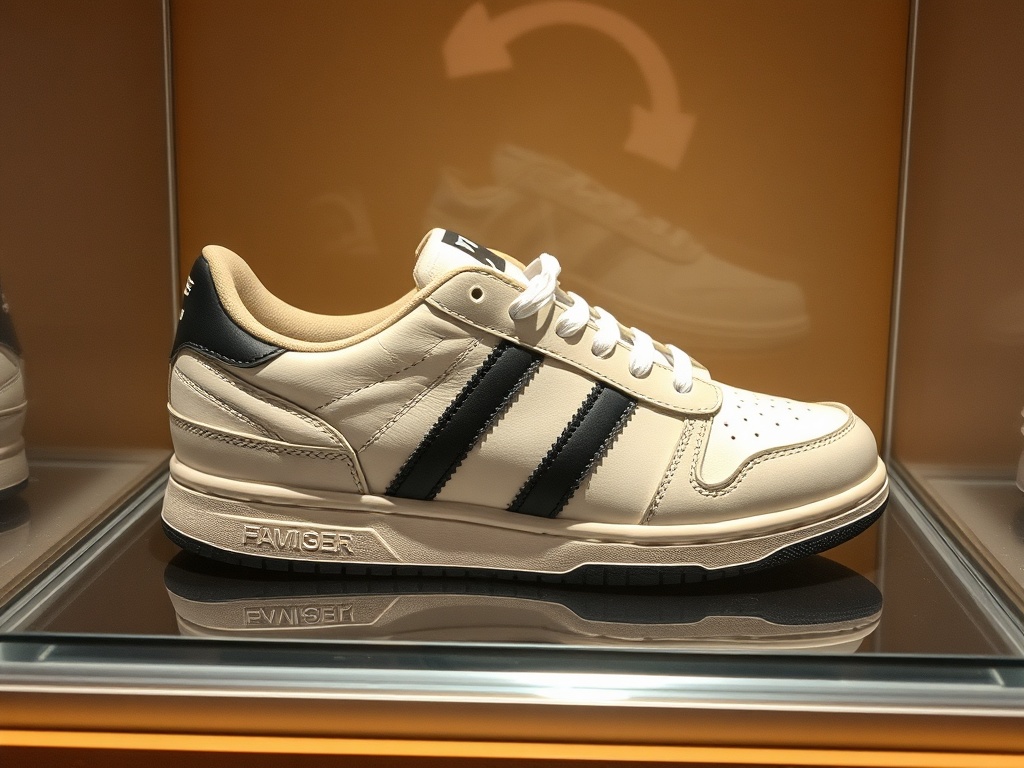 A well-maintained sneaker displayed in pristine condition in a glass case