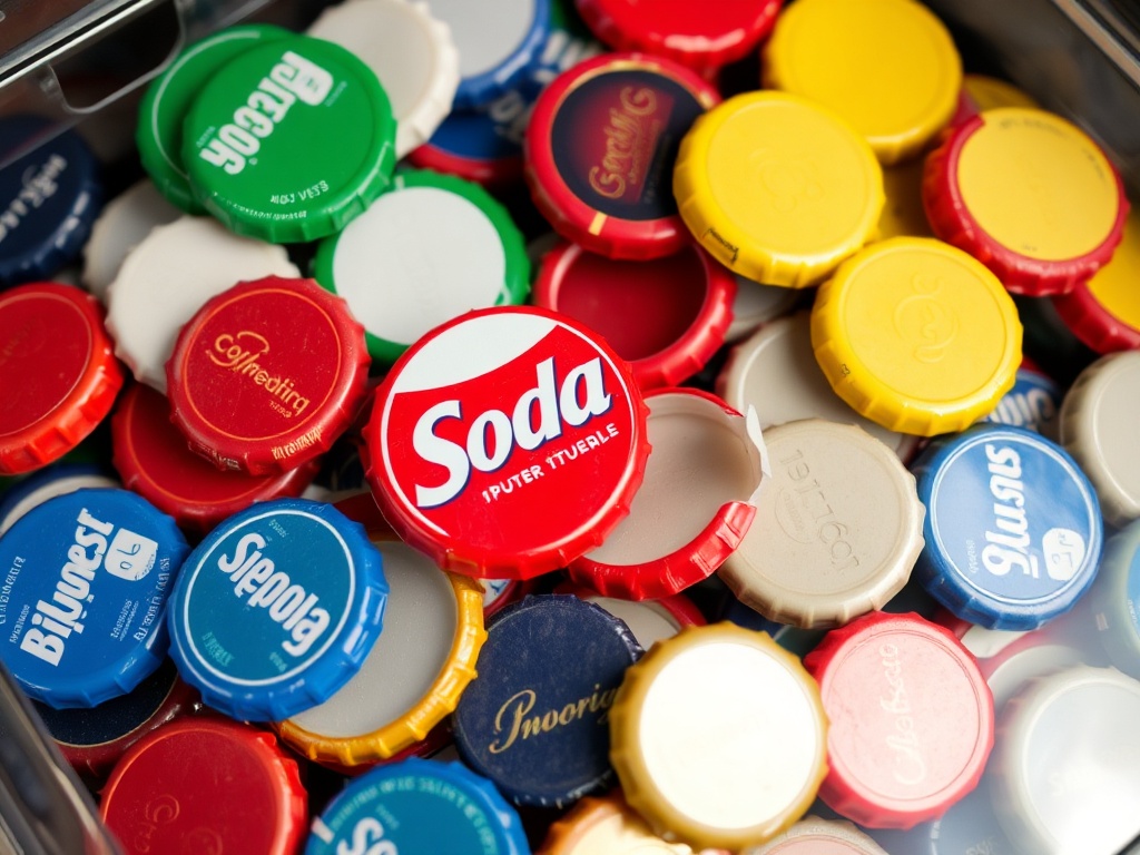 vivid description of a clean soda cap collection displayed in a dust-free case