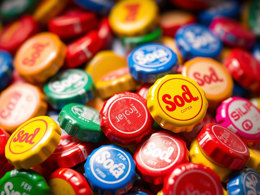 vivid description of a collection of colorful soda caps