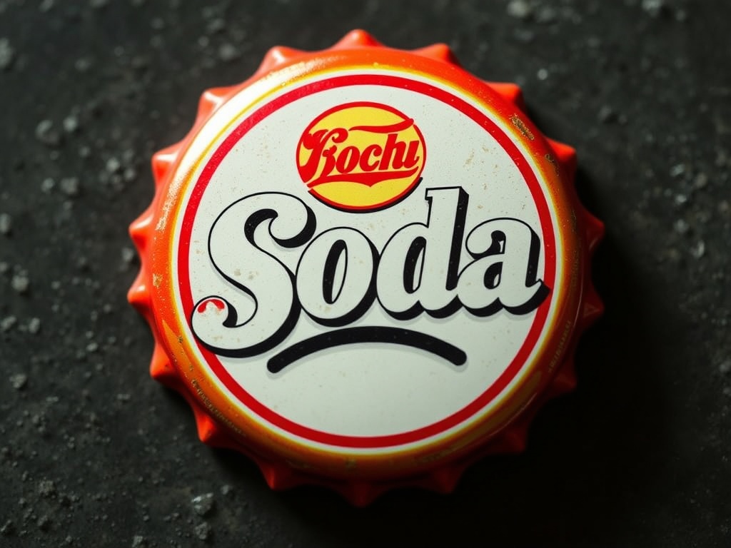 vivid description of a vintage soda cap with bright colors and a nostalgic logo