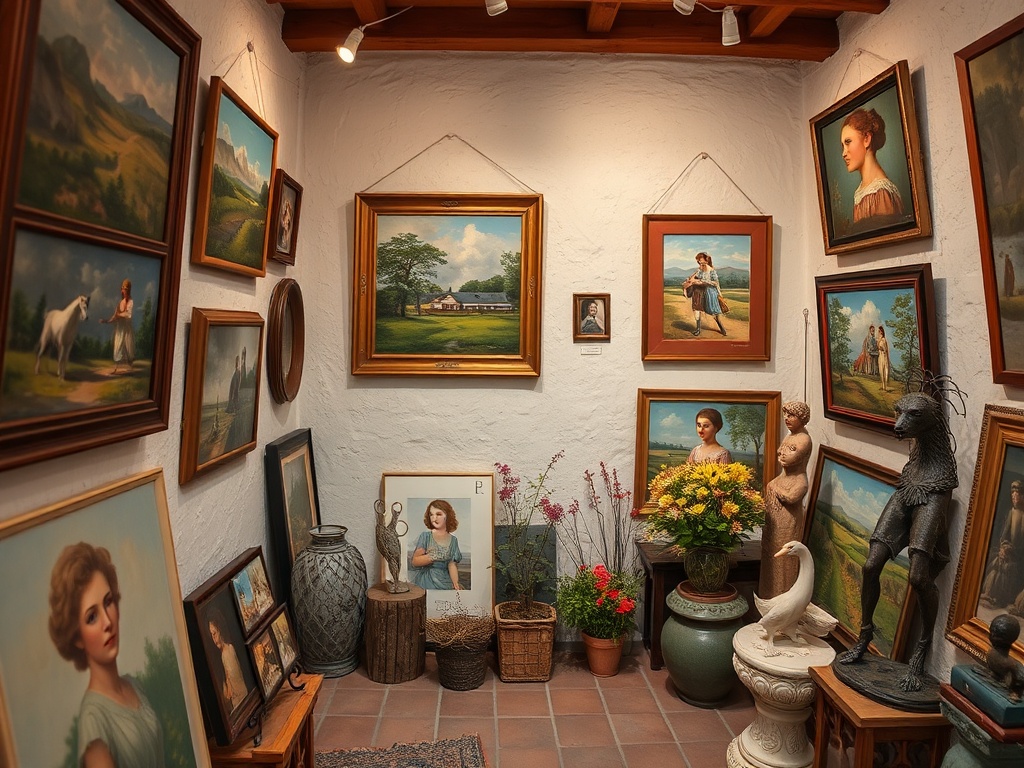 vivid description of a small, quaint art gallery in Sorel-Tracy with local paintings and sculptures