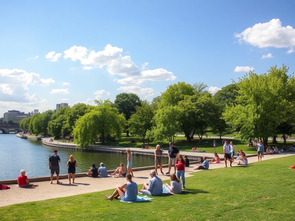 vivid description of people enjoying a sunny day in Parc des Îles, with green trees and river views