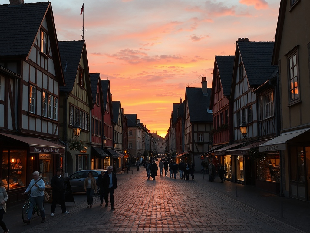 vivid description of the Sorel-Tracy town square at sunset with people walking and a few shops along the road