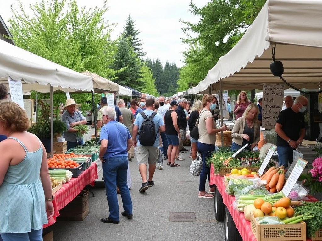a bustling farmers market in Springwater with vendors and customers enjoying the local produce