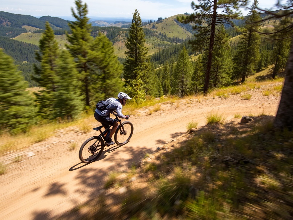 a mountain biker speeding down a trail at Horseshoe Valley, surrounded by trees and hills
