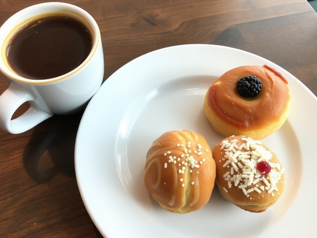 a plate of fresh pastries and a cup of coffee at The Local Café in Springwater