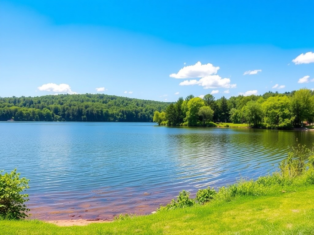 a serene lakeside view in Springwater, with lush greenery surrounding calm waters under a bright blue sky