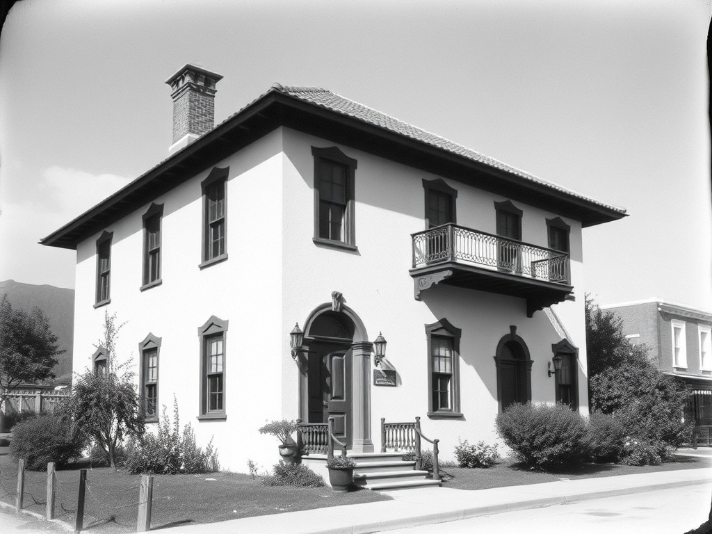a vintage black-and-white photograph of the Mariposa House with old-world charm