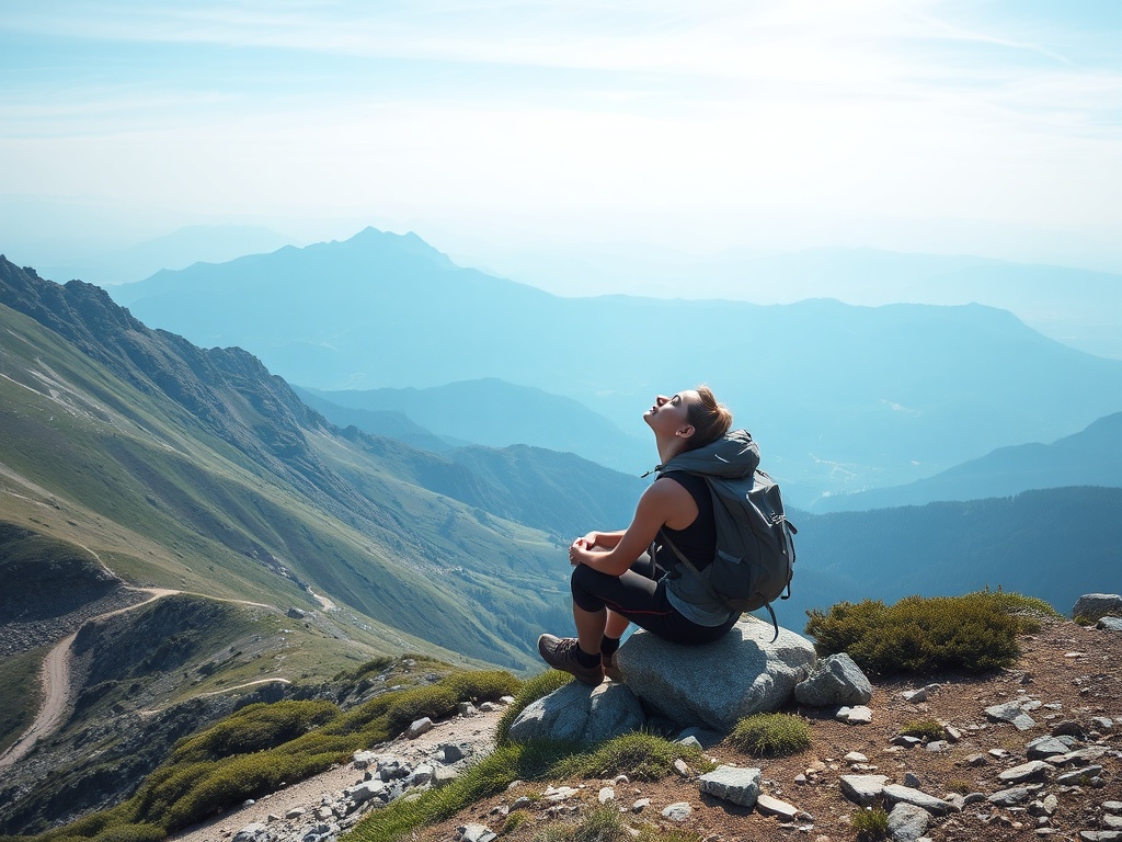 a hiker sitting on a rock beside a mountain trail, eyes closed, breathing calmly with expansive landscape in the background