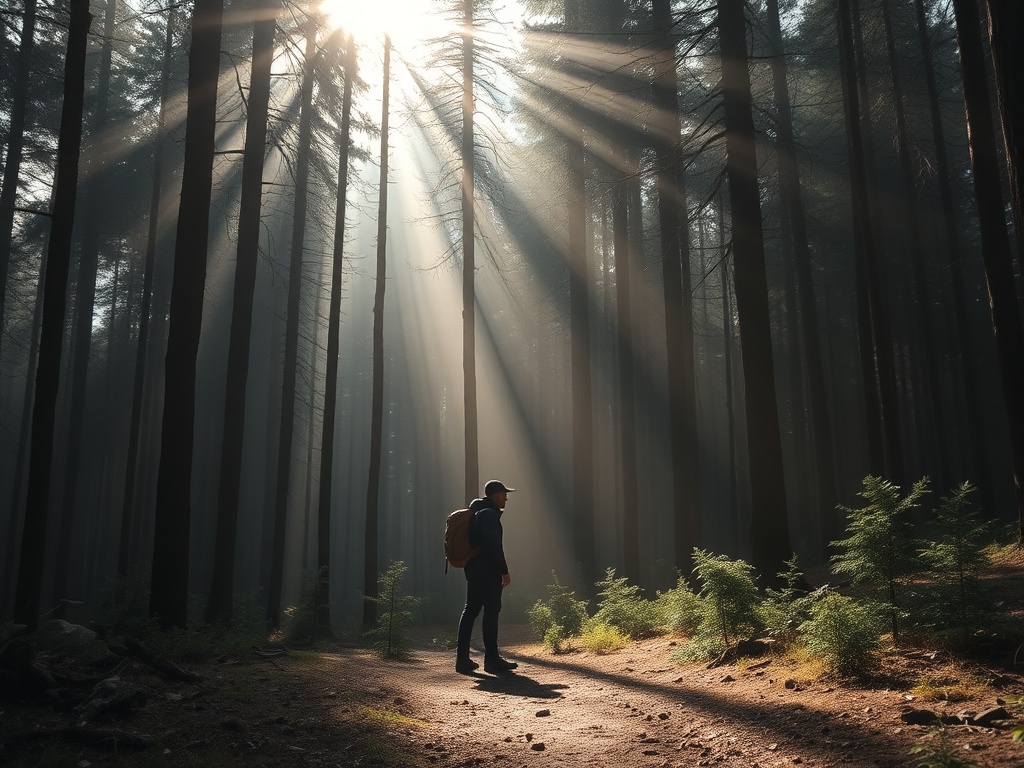 a lone hiker standing still in a quiet forest with sunbeams filtering through tall trees, peaceful and contemplative atmosphere
