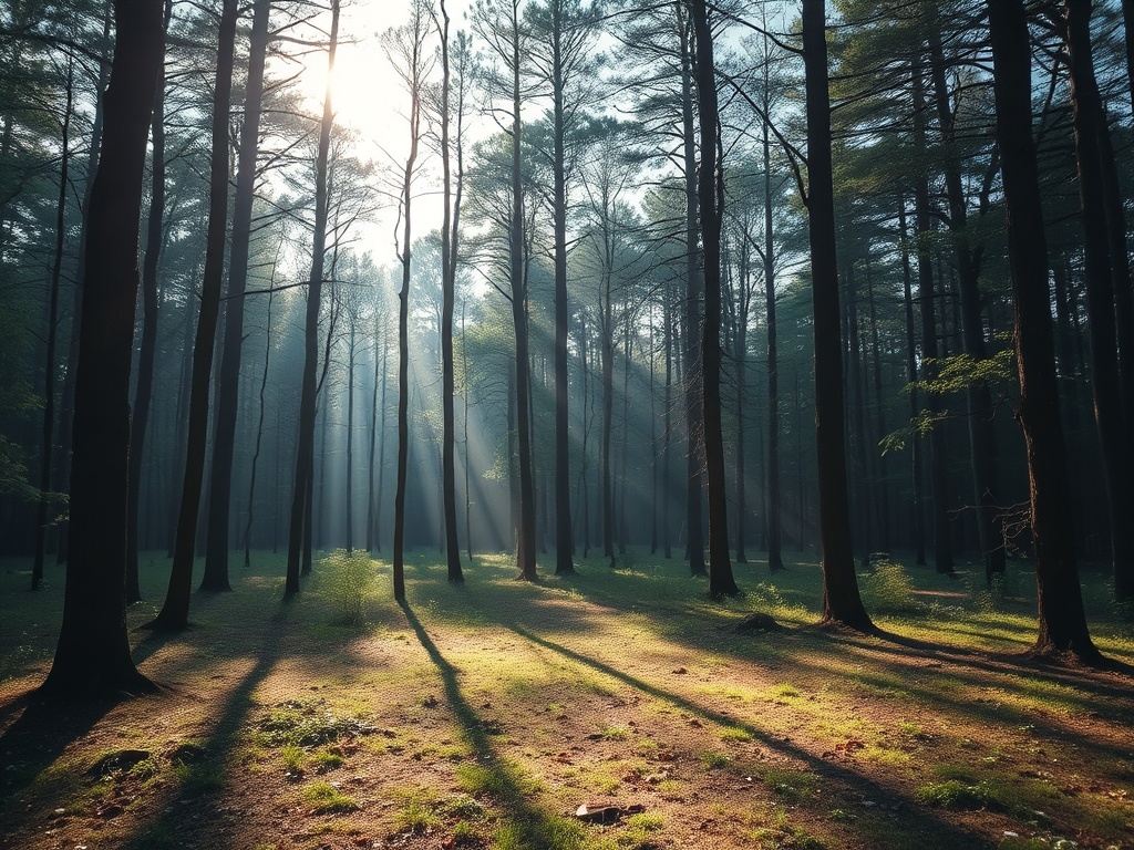 a peaceful forest clearing with soft light, representing stillness and reflection in nature