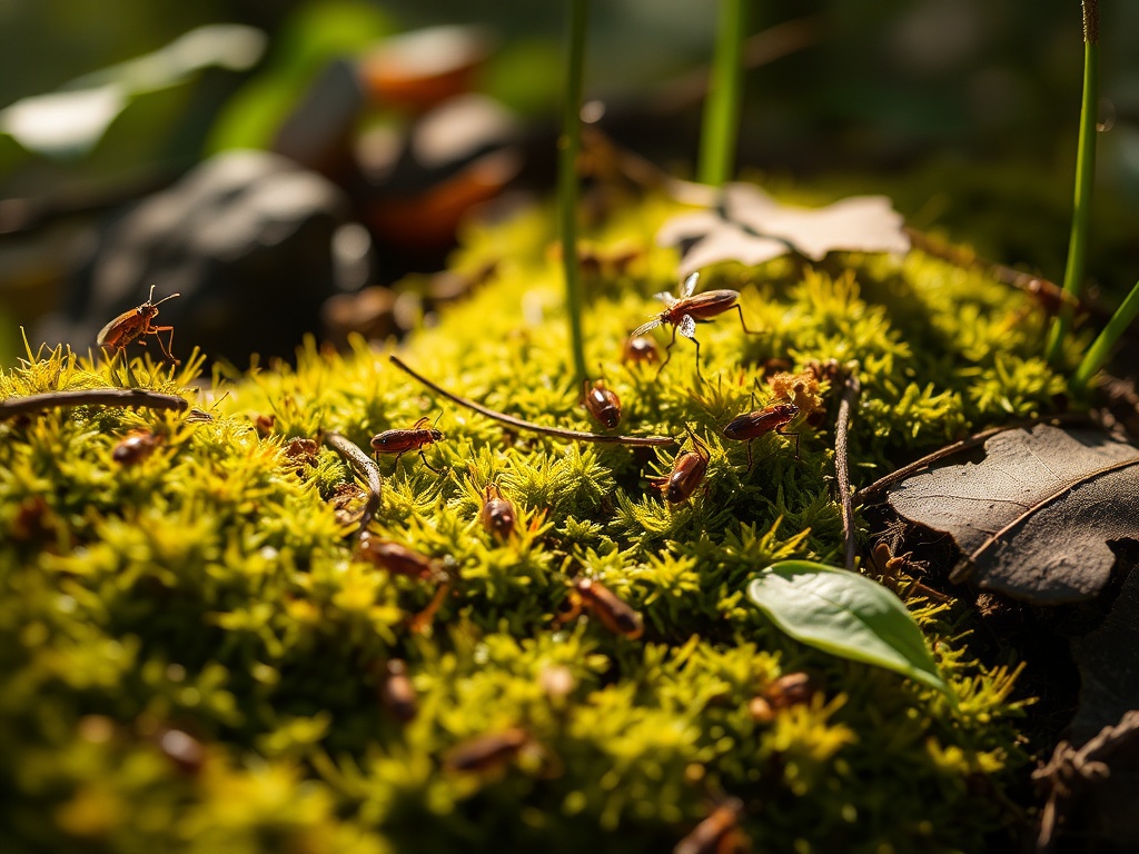 close-up of forest details like moss, insects, leaves, and textures illuminated by soft natural light, highlighting small unnoticed elements