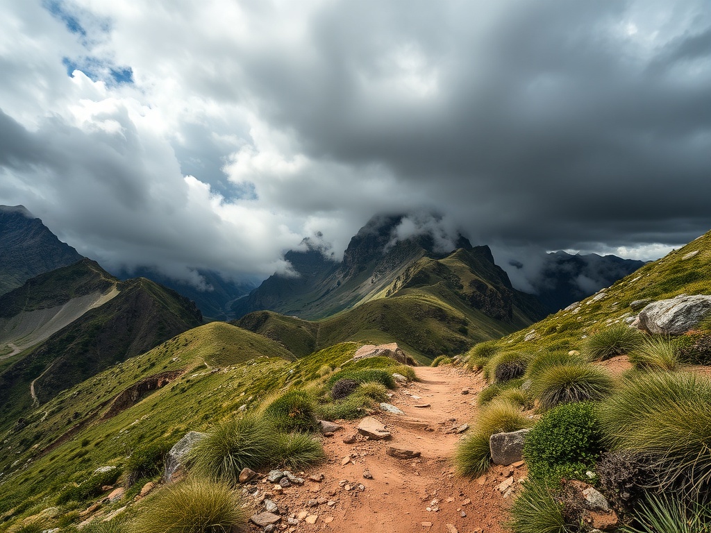 dramatic mountain trail with changing weather clouds rolling in, emphasizing awareness and observation of environment