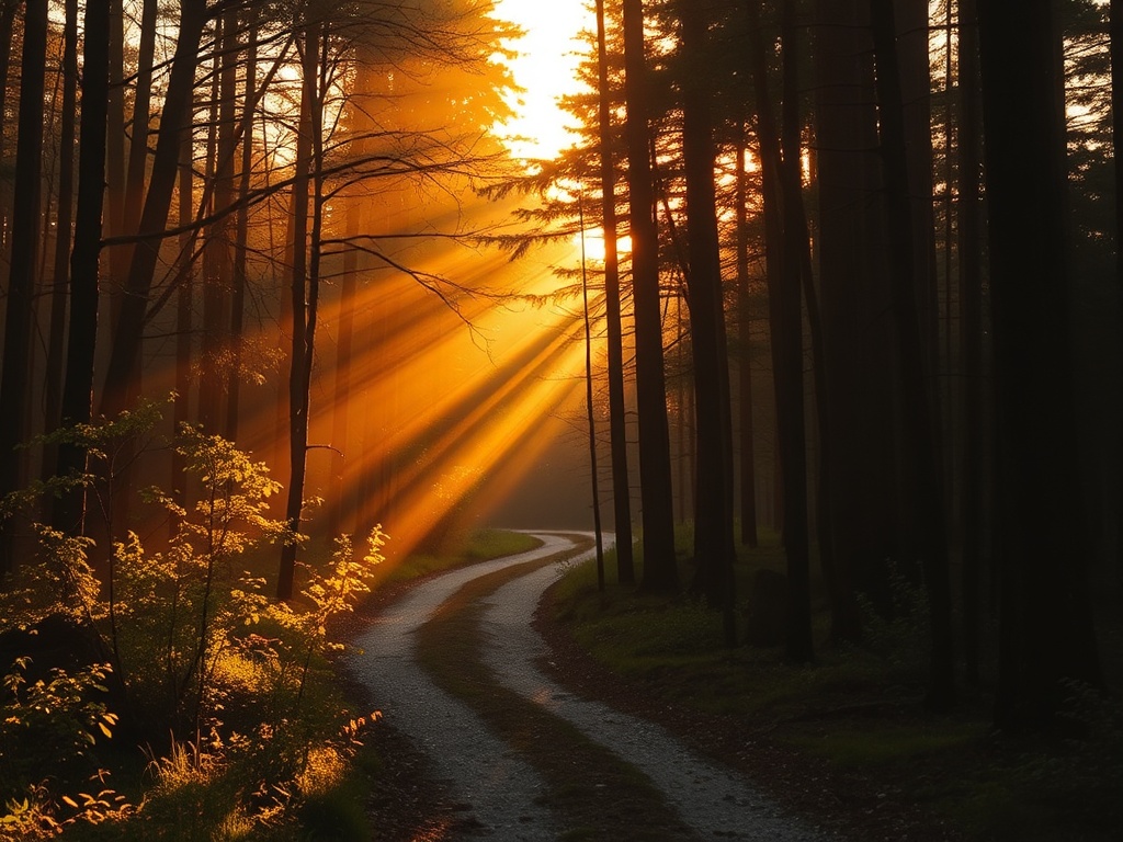 golden hour light illuminating a winding forest trail, creating a vivid memorable scene