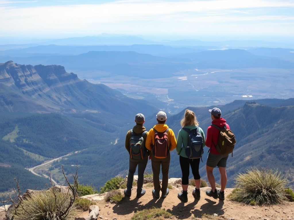 hikers pausing at a scenic overlook, standing quietly and observing vast landscape together