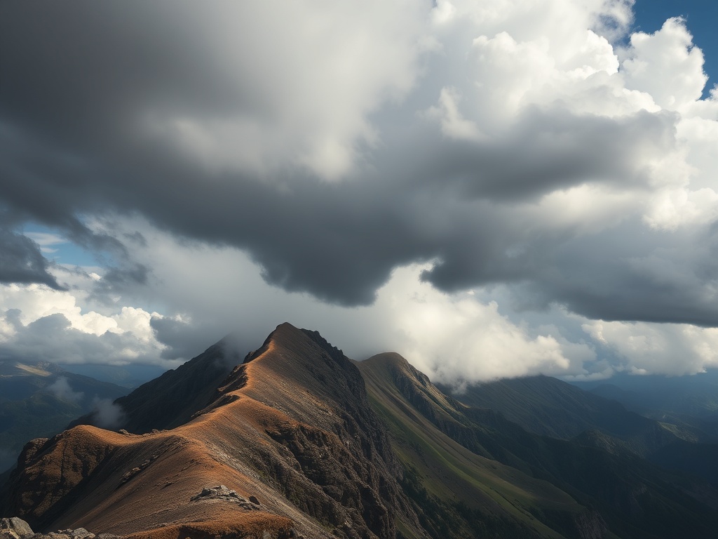 rugged exposed mountain ridge with strong winds and dramatic clouds, emphasizing caution and movement