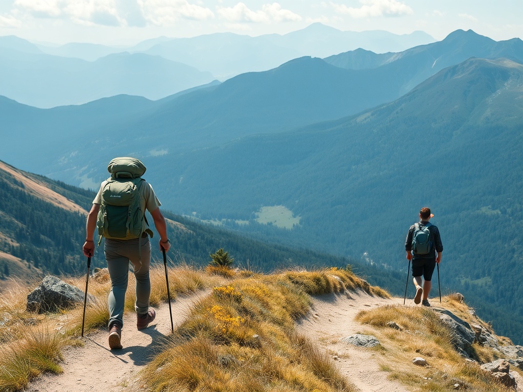 two hikers on a long trail, one exhausted and slumped, the other relaxed and steady enjoying the scenery