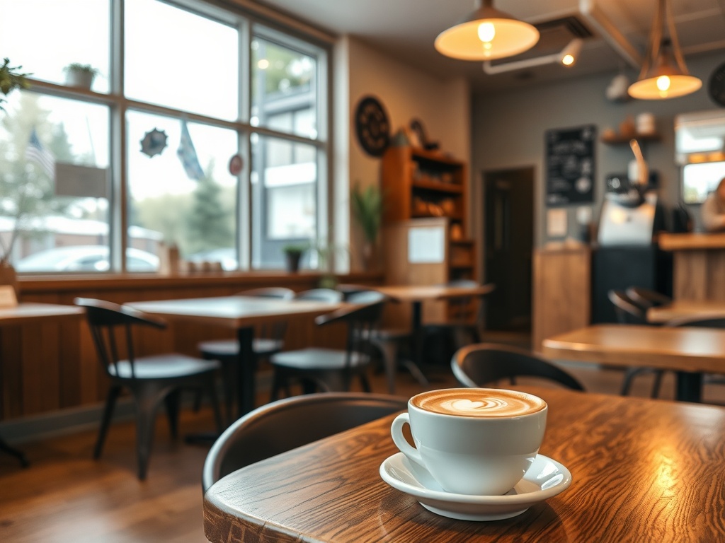 cozy local coffee shop interior Spruce Grove Alberta warm lighting wood tables latte