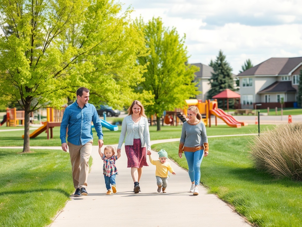 family walking through suburban park in Spruce Grove with playground, green grass, Alberta sky