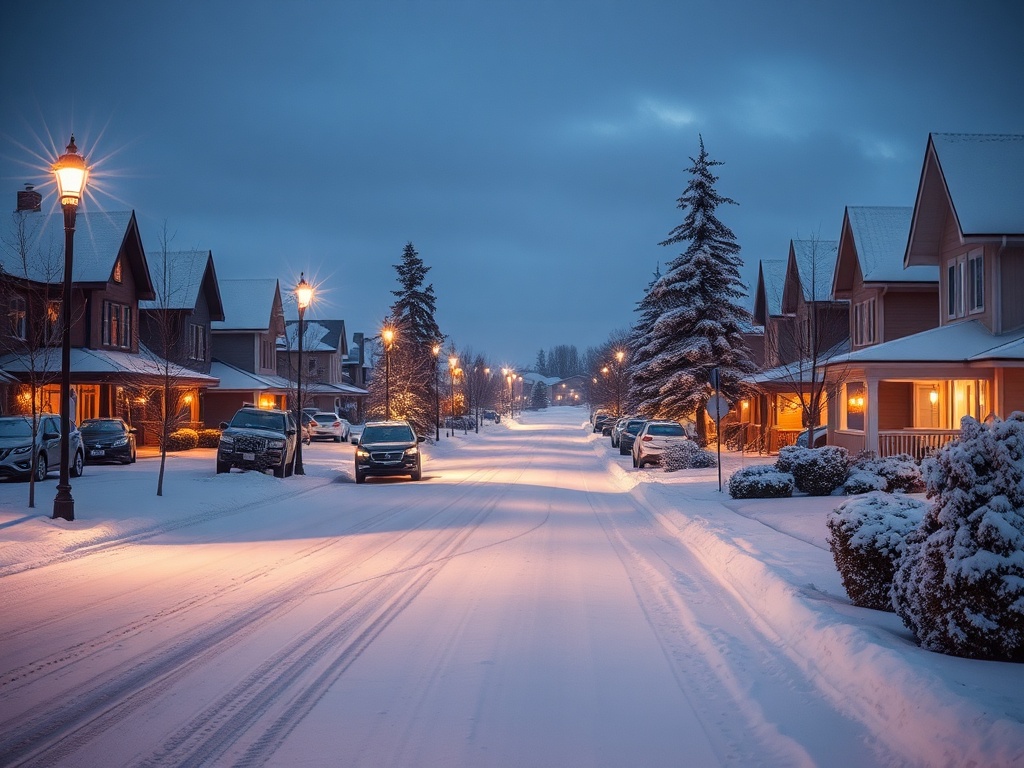quiet snowy suburban street Spruce Grove winter evening houses lights snow covered trees