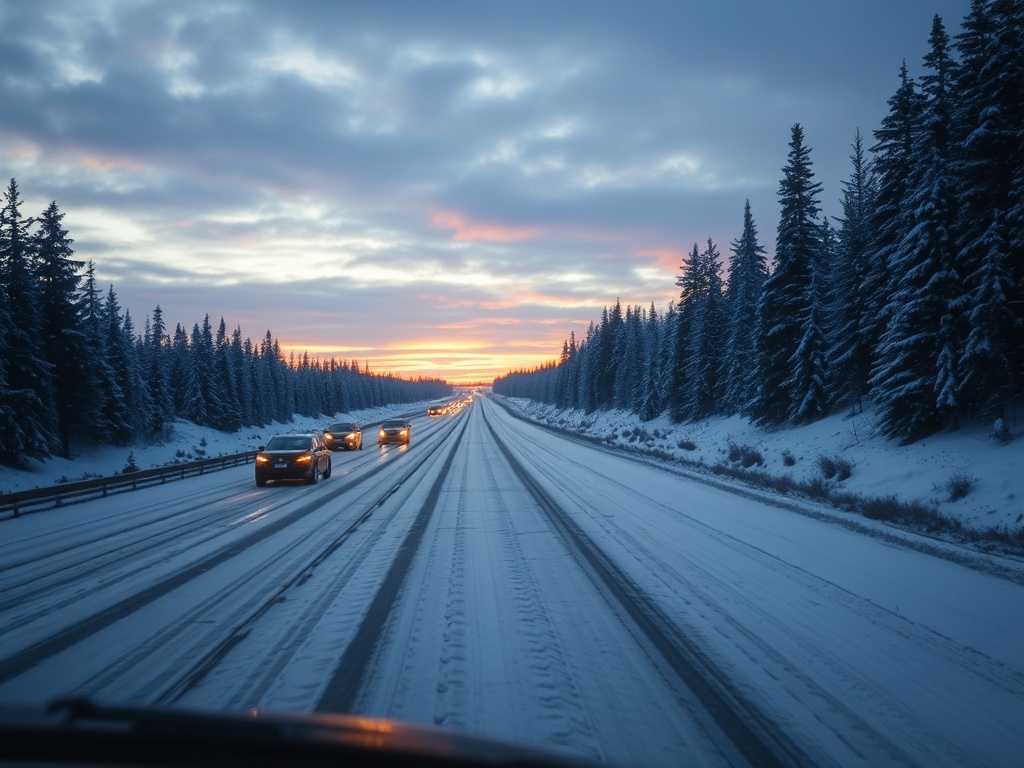 winter highway driving Alberta snow covered road cars sunrise cold conditions