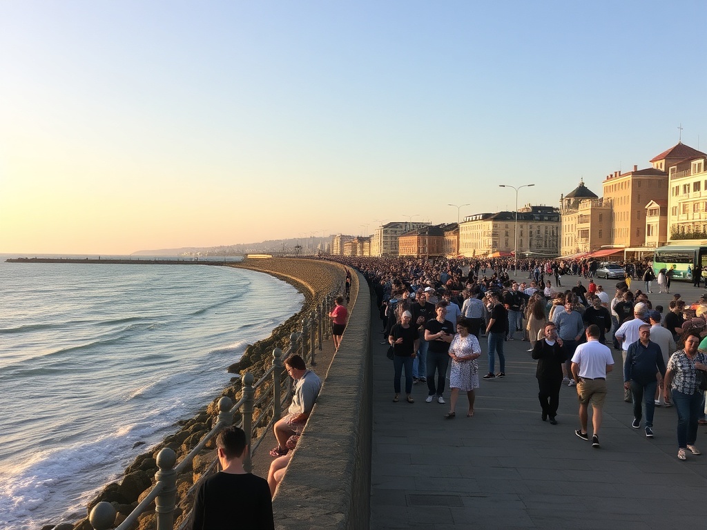 busy midday seawall crowd compared to quiet early morning