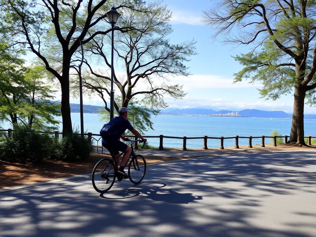 cyclist riding smoothly along Stanley Park seawall with trees and ocean