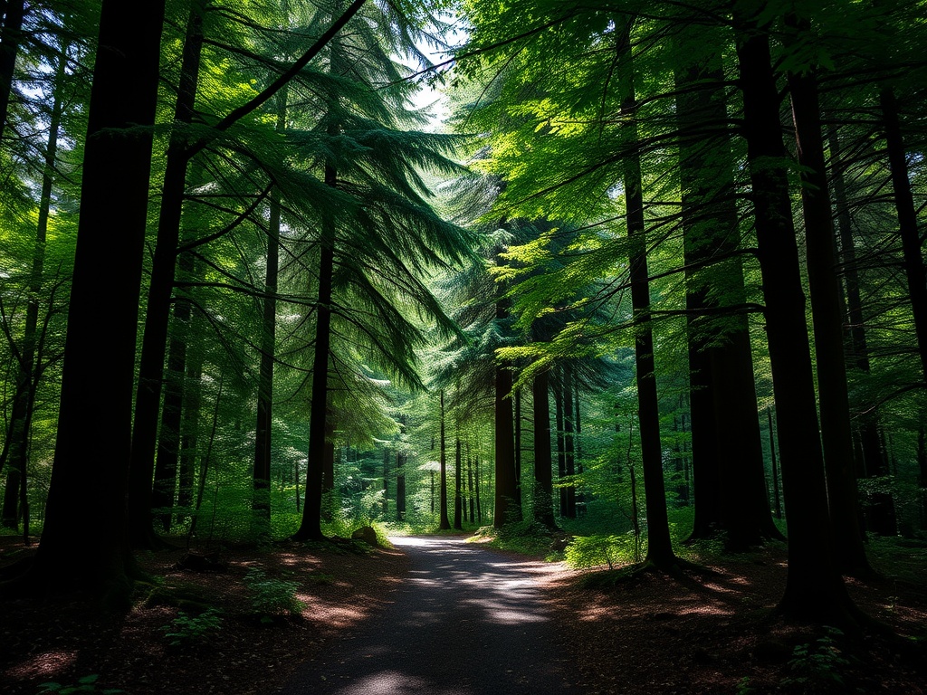 forest trail entrance in Stanley Park with deep green trees and shaded path