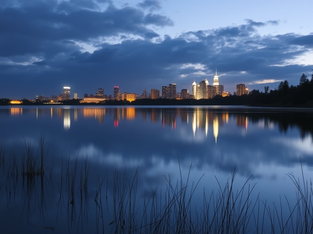 Lost Lagoon reflecting skyline during calm evening