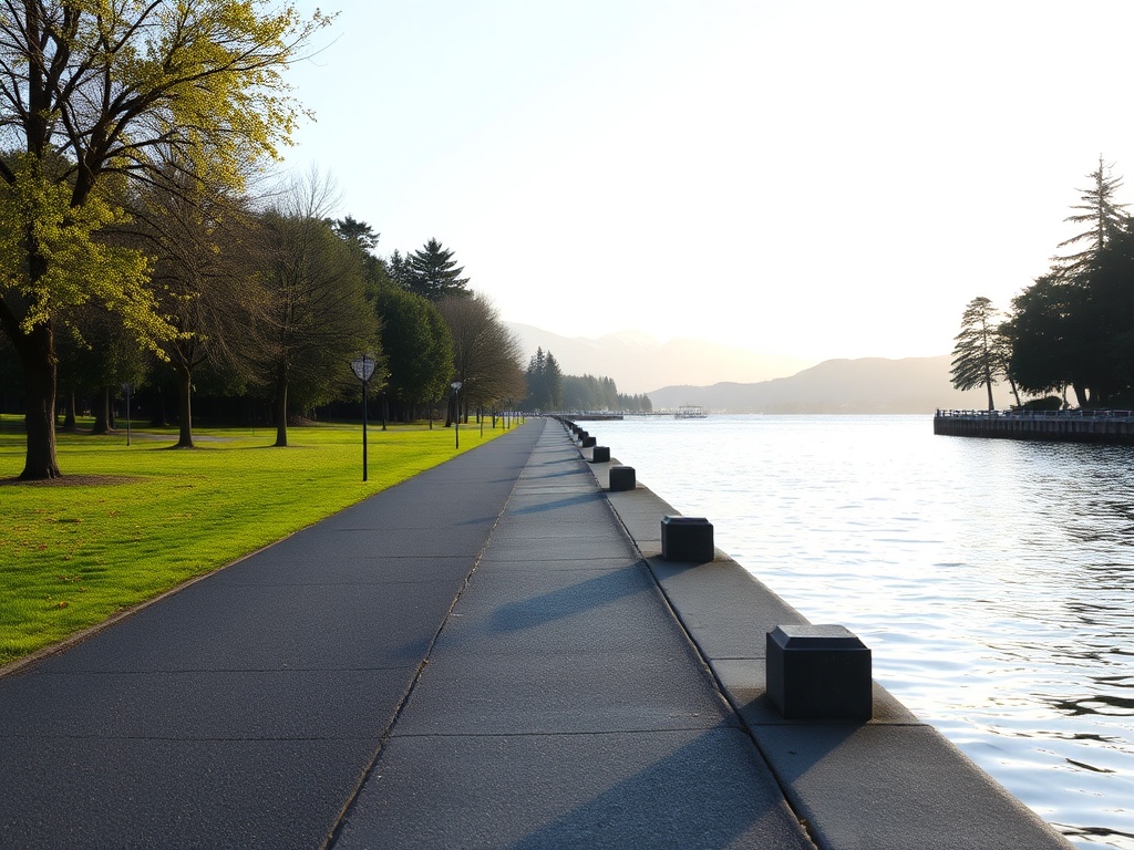 quiet seawall stretch in Stanley Park with soft morning light and empty path