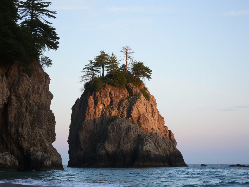 Siwash Rock standing against ocean with soft light