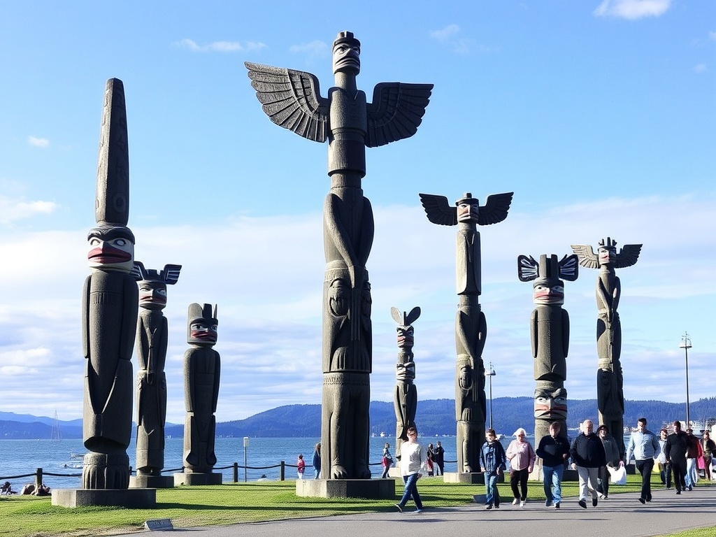 totem poles at Brockton Point with visitors walking by