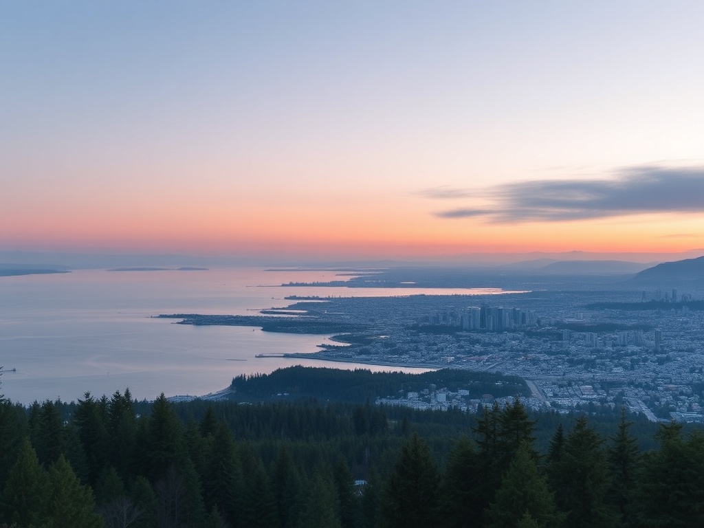 wide Stanley Park view with forest ocean and skyline fading light