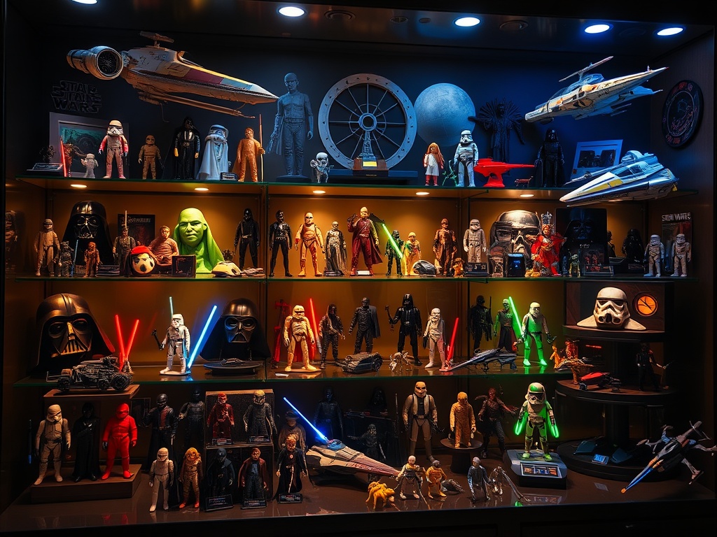 vivid description of a beautifully lit Star Wars toy display with various action figures, ships, and memorabilia arranged elegantly