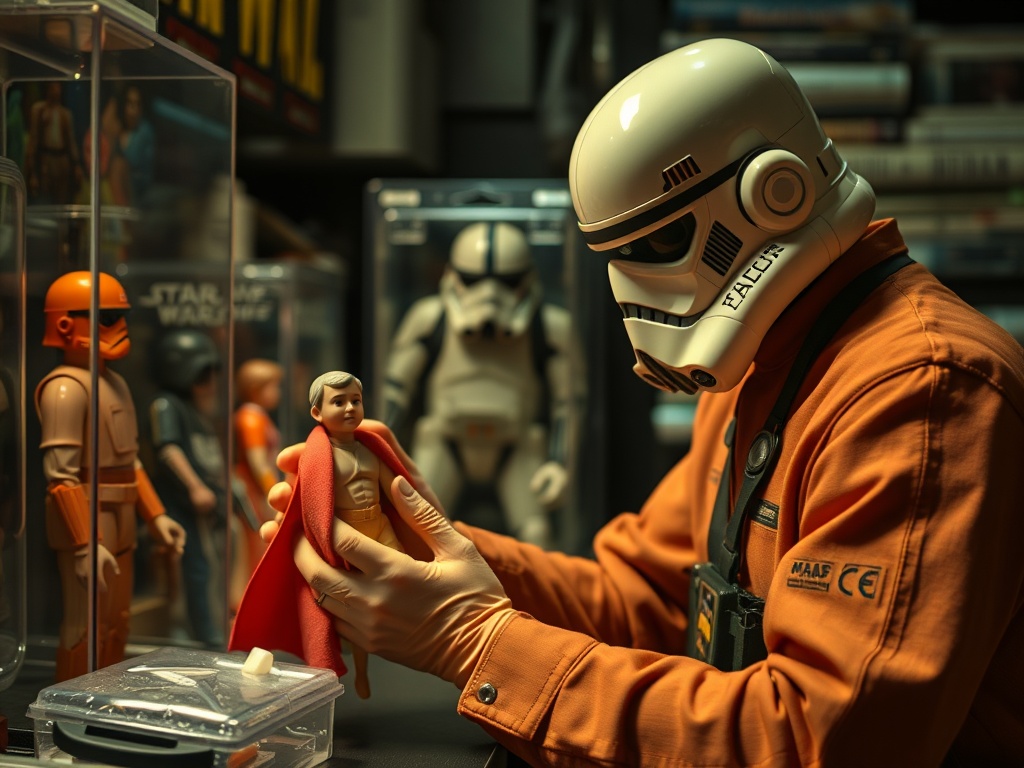 vivid description of a collector carefully cleaning and inspecting a Star Wars action figure, with protective cases around other items